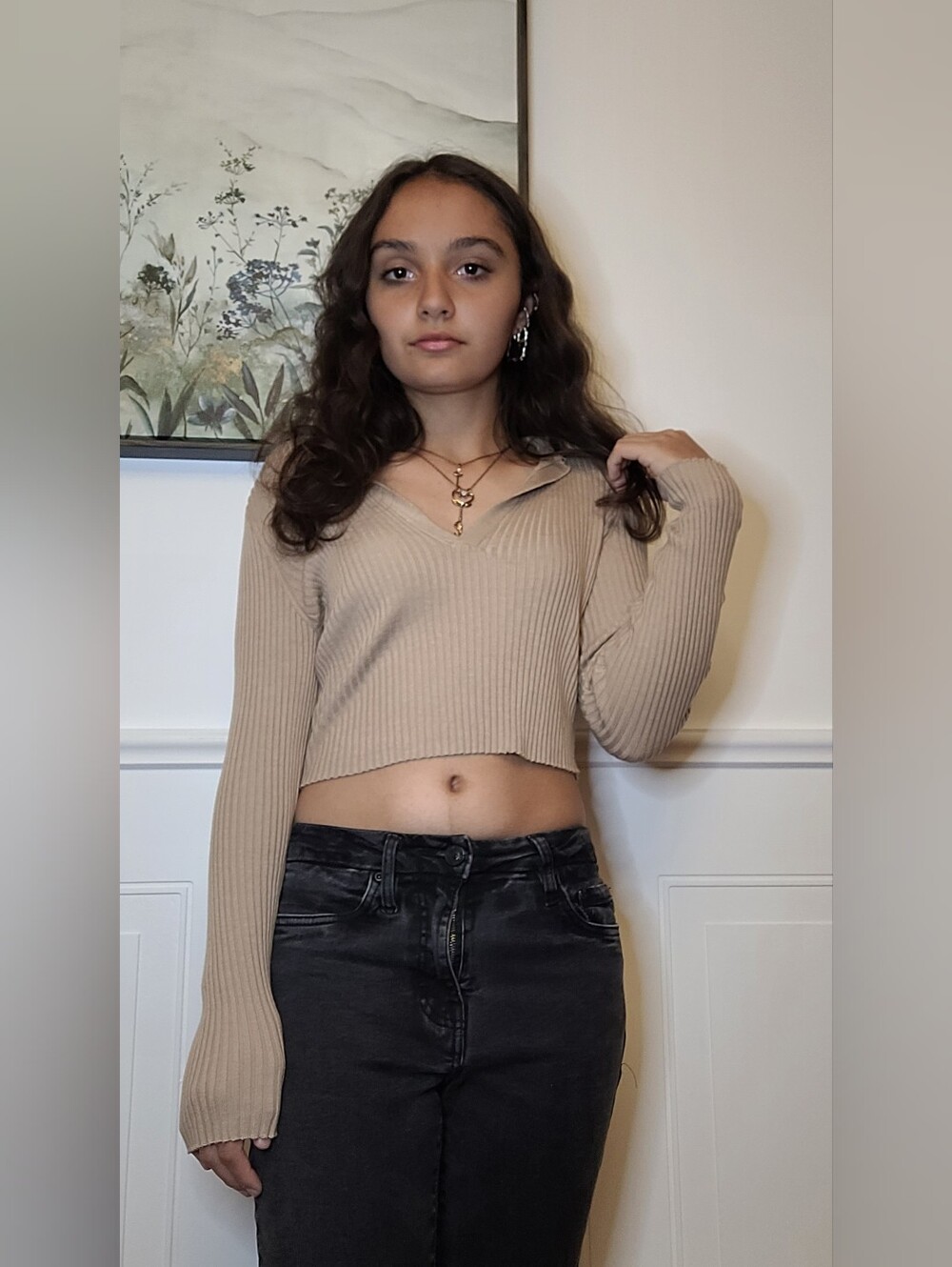 Beige Ribbed V-Neck Cropped Long Sleeve Top